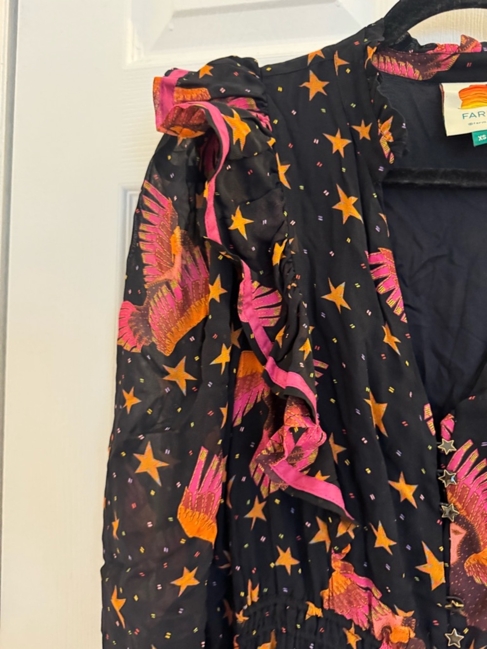 FARM Rio Black Midi Dress with Pink Floral & Star Print NWOT - Picture 9 of 14